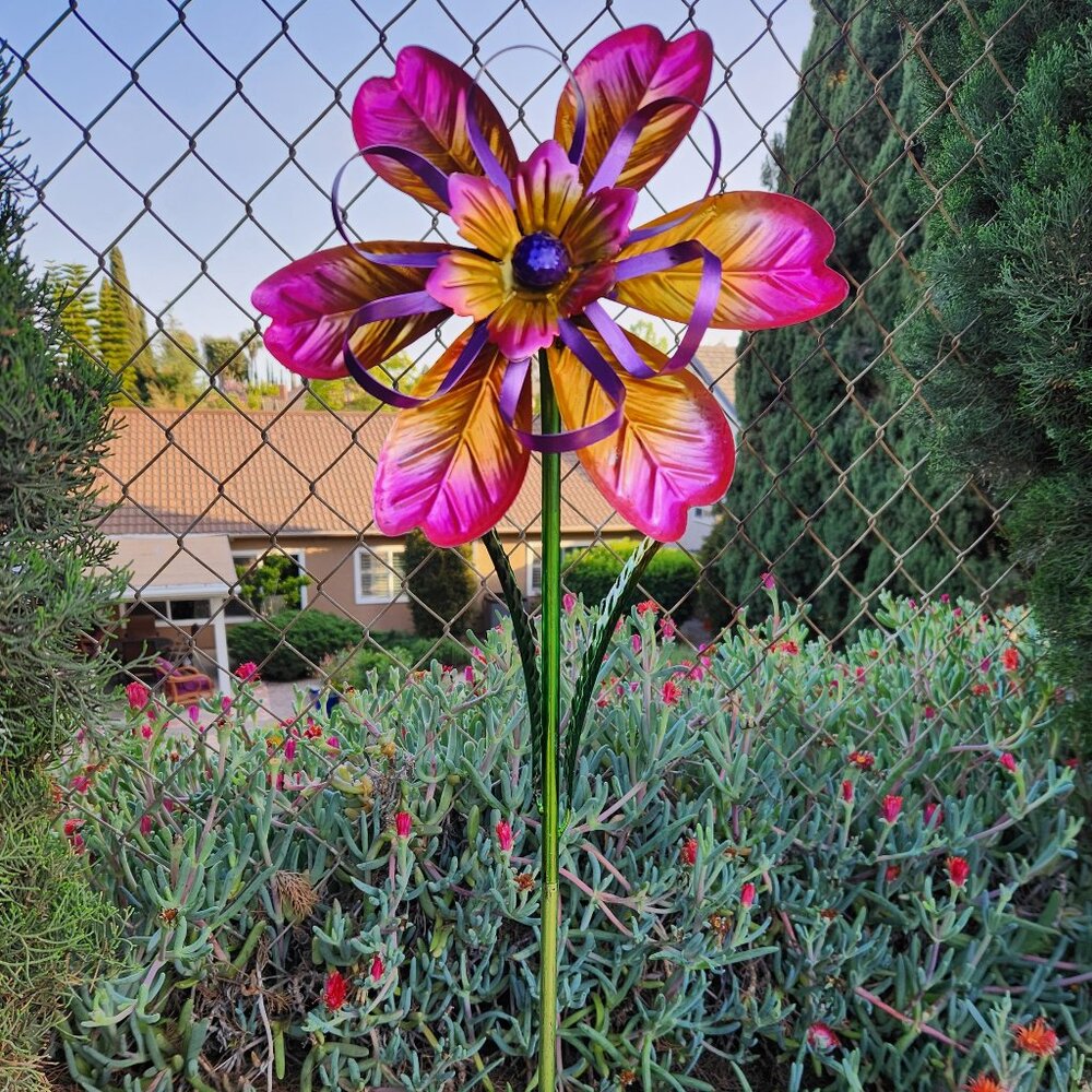36" H, Pink/Gold Iridescent Flower Spinner Stake, Garden Decoration